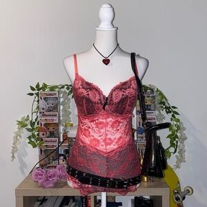 2000s gothic whimsical fairycore pink lace floral corset bodysuit w/ bow detail